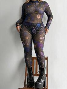 Bộ jumpsuit lưới in họa tiết phong cách Gothic Punk cổ tròn mới, dành cho nữ cỡ lớn của Whyspr-D, thích hợp mặc hàng ngày, đi làm, dự lễ Tạ ơn, các dịp lễ, tiệc sinh nhật, lễ hội âm nhạc, ngày Valentine, mùa xuân/hè. - Nhiều màu - Xem 1