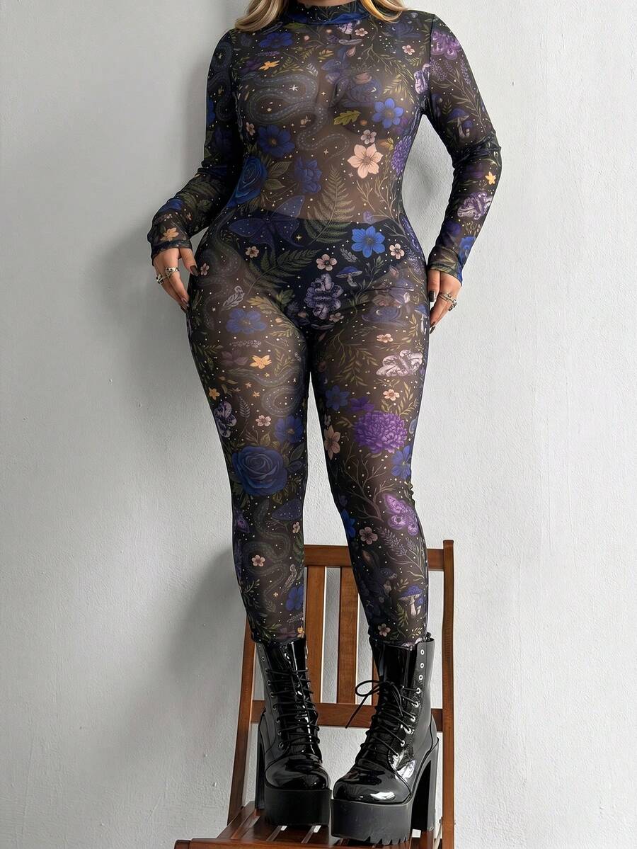 Bộ jumpsuit lưới in họa tiết phong cách Gothic Punk cổ tròn mới, dành cho nữ cỡ lớn của Whyspr-D, thích hợp mặc hàng ngày, đi làm, dự lễ Tạ ơn, các dịp lễ, tiệc sinh nhật, lễ hội âm nhạc, ngày Valentine, mùa xuân/hè. - Nhiều màu - Xem 1