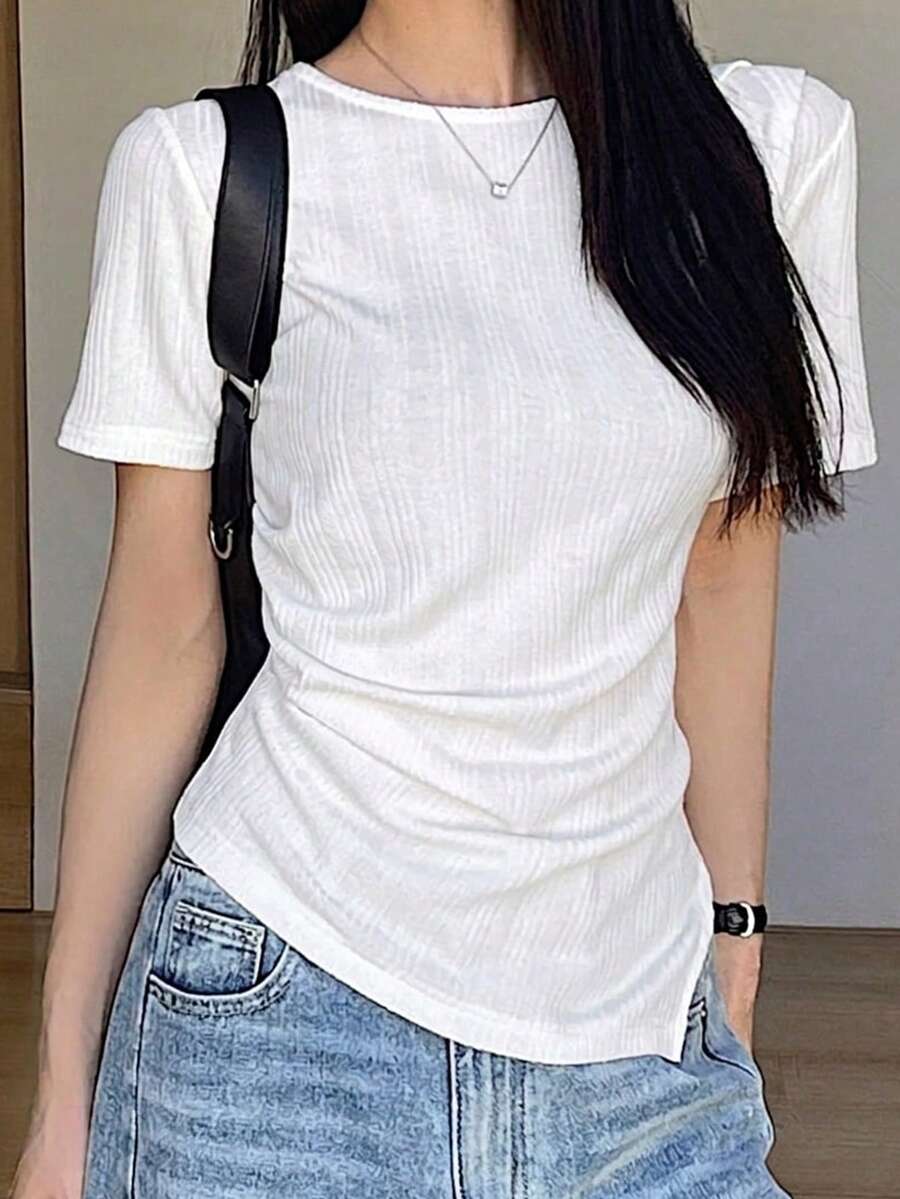 FRIFUL Women's Round Neck Ribbed Bodycon Short Sleeve Split Hem T-Shirt, Summer - Black - View 1