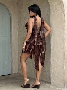 Rustia Vestido maxi asimétrico con volantes, sin mangas y con espalda descubierta, con acentos ondulados en blanco y marrón, para mujer de talla grande. Vestido elegante y de alta gama para vacaciones, baile, uso diario, conciertos, citas, cumpleaños, fiestas y primavera/verano. - Multicolor - Ver 2