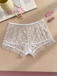 PetitDoll Women's Fashionable Heart-Shaped Mesh Ruffle Trim Briefs - White - View 2