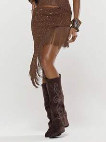 MUSERA Textured Fringe Detail Asymmetric Sequin Skirt Only Summer Holiday Vacation Beach Ibiza Cute Festival Elegant Cherry Moon - Brown - View 2