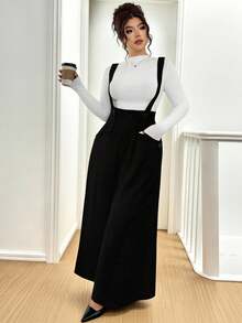 SHEIN Tall CURVE Calça flare de malha texturizada plus size com bolsos funcionais, cintura alta, elegante para passeios, encontros, uso casual e trabalho, ideal para mulheres altas. - Preto - Ver 4