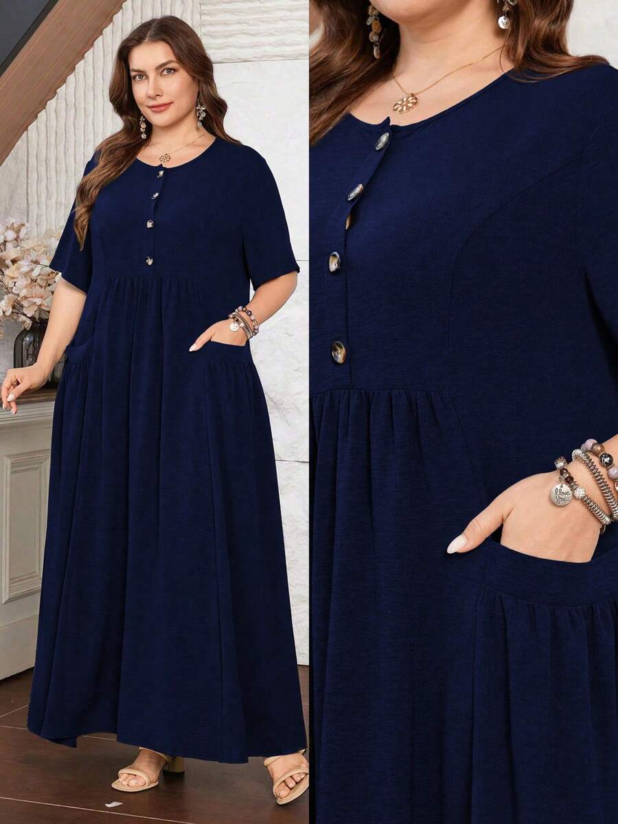 Lacomfia Women's Short Sleeve Loose Elegant Comfortable Minimalist Plus Size Dress With Pockets - Navy Blue - View 1