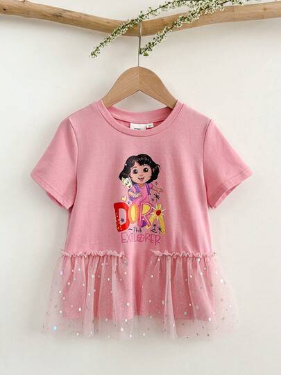 DORA | SHEIN DORA 女童圆领短袖荷叶边网纱拼接可爱印花T恤