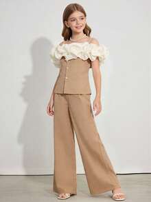 SHEIN Setelan 2 Potong Gaya Korea untuk Remaja Perempuan, Warna Putih, Musim Panas, Cocok untuk Pesta Teh, Celana Panjang Lebar dengan Potongan Mengembang yang Mempertegas Pinggang, Ideal untuk Pertunjukan di Kampus - Khaki - View 3
