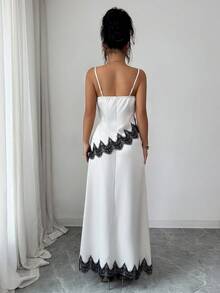 Selianne Conjunto de Saia Minimalista Estilo A-Line com Recortes de Renda Sem Mangas, Adequado para Encontros, Reuniões, Aniversários, Primavera/Verão - Damasco - Visão 2