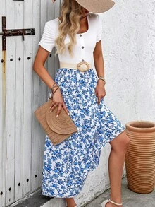 EMERY ROSE 女士碎花拼接短袖中长连衣裙，夏季女士长款套装 - 藍白色 - 查看 6