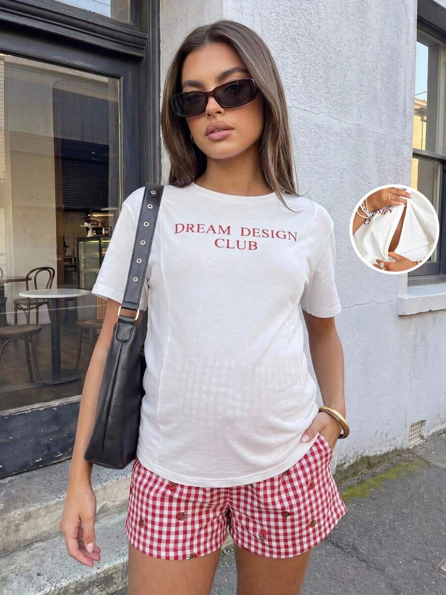 SHEIN 2件套孕妇休闲度假印花落肩宽松哺乳T恤和格子短裤套装，夏季