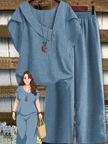 Linhara Plus Size Women's Spring/Summer Asymmetrical Collar Floral Puff Sleeve Regular Shirt + Elastic Waist Loose Casual Pants 2-Piece Set - Baby Blue - View 1