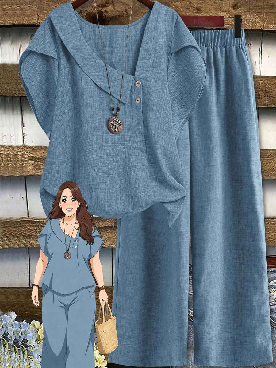 Linhara Plus Size Women's Spring/Summer Asymmetrical Collar Floral Puff Sleeve Regular Shirt + Elastic Waist Loose Casual Pants 2-Piece Set - Baby Blue - View 1