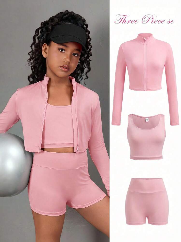 SHEIN Girlism Bộ đồ thể thao 3 món cho bé gái tuổi teen: áo thun dài tay cổ bẻ có khóa kéo, áo vest và quần legging. - Hồng - Xem 8