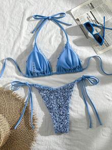 Costavie Swim SXY 两件式亮片纹理面料三角罩杯文胸和侧系带比基尼泳衣套装，性感女士夏季度假 - 藍色 - 查看 3