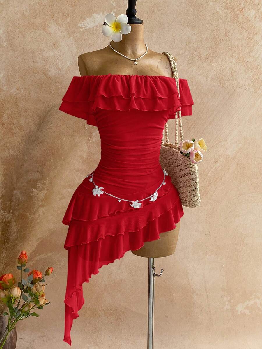 Soleia Đầm dệt kim lưới không dây vai, ôm sát, xếp tầng, bèo nhún, vạt bất đối xứng, thích hợp cho kỳ nghỉ xuân hè, tiệc vườn, tiệc trà, cắm hoa, hẹn hò, phong cách boho, đi nghỉ mát. - Đỏ - Xem 1