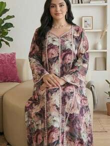 Al Najma Vestido longo árabe tradicional folgado com estampa floral para mulheres plus size - Multicolorido - Ver 1