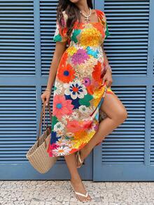SHEIN Maternity Floral Print Puff Sleeve Casual Maternity Dress For Vacation Photoshoot Summer - Multicolor - View 3