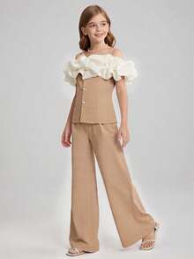 SHEIN Setelan 2 Potong Gaya Korea untuk Remaja Perempuan, Warna Putih, Musim Panas, Cocok untuk Pesta Teh, Celana Panjang Lebar dengan Potongan Mengembang yang Mempertegas Pinggang, Ideal untuk Pertunjukan di Kampus - Khaki - View 6