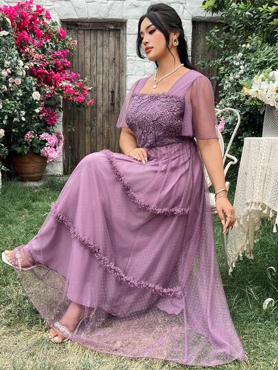 Modelyn Plus Size Women's Purple Polka Dot Mesh & Contrast Lace Flare Sleeve Romantic Luxury High-End Dress