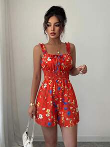 Elenzga Macacão Feminino com Alça Fina, Decote Quadrado, Cintura com Laço, Babados e Estampa Multicolorida em Tom Abricó, Elegante e Sofisticado, Adequado para Dia dos Namorados, Páscoa, Dia do Trabalho, Aniversário, Encontros, Festas, Ocasiões Formais, Traje de Professora, Viagens, Primavera e Verão - Vermelho - Visão 6