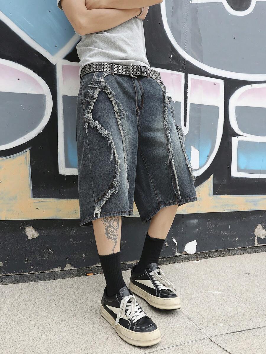 Manfinity EMRG Fashionable Distressed Wide Leg Jeans - Blue - View 1