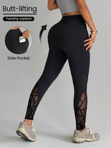 Eassivo Eassivo Legging de Ioga com Bolso e Painéis de Tela Flocked para Mulheres Dewbera, Estilo Esportivo Casual - Ideal para Ioga, Treinamento e Corrida ao Ar Livre - Preto - Visão 1