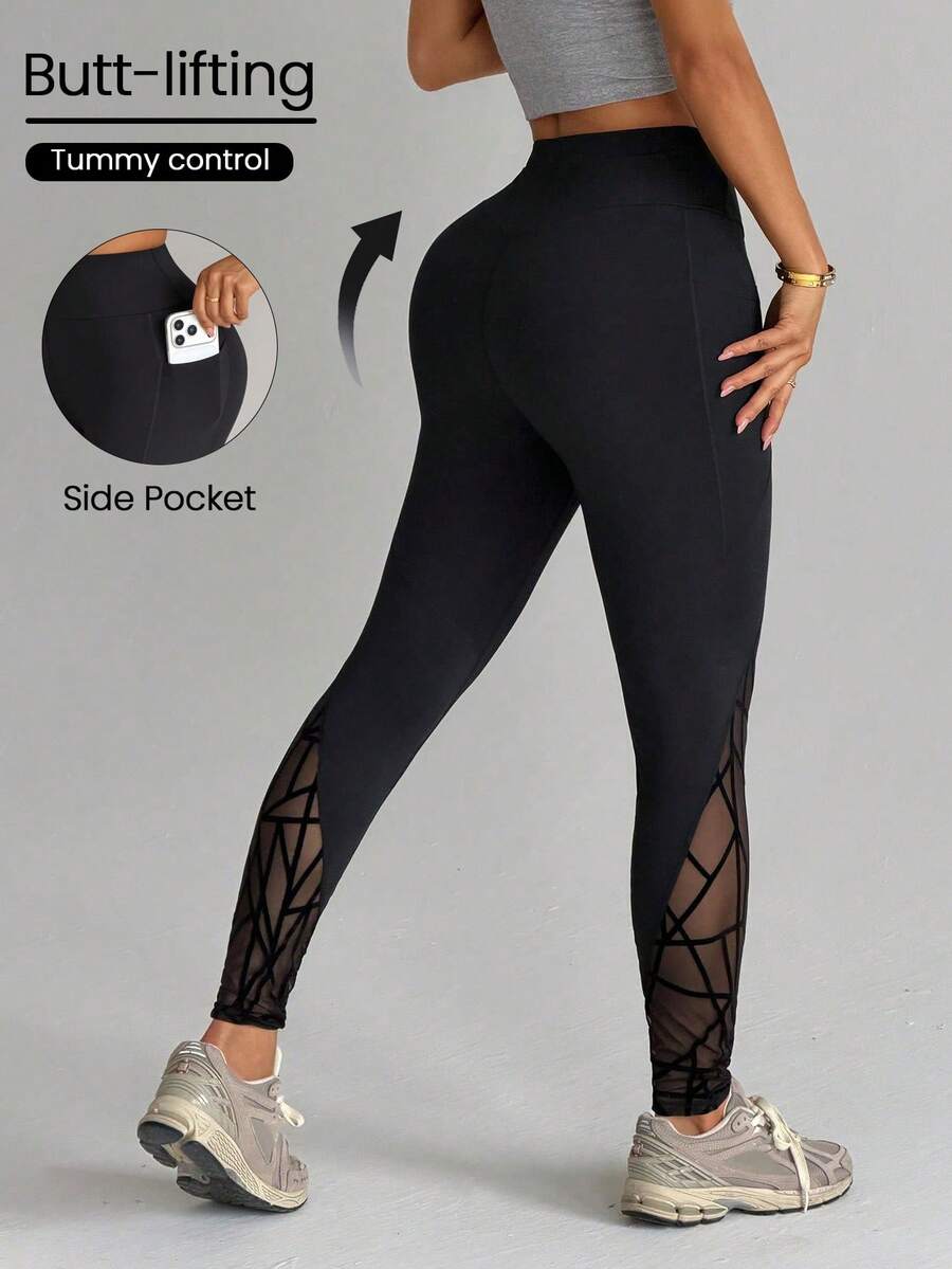 Eassivo Eassivo Legging de Ioga com Bolso e Painéis de Tela Flocked para Mulheres Dewbera, Estilo Esportivo Casual - Ideal para Ioga, Treinamento e Corrida ao Ar Livre - Preto - Visão 1