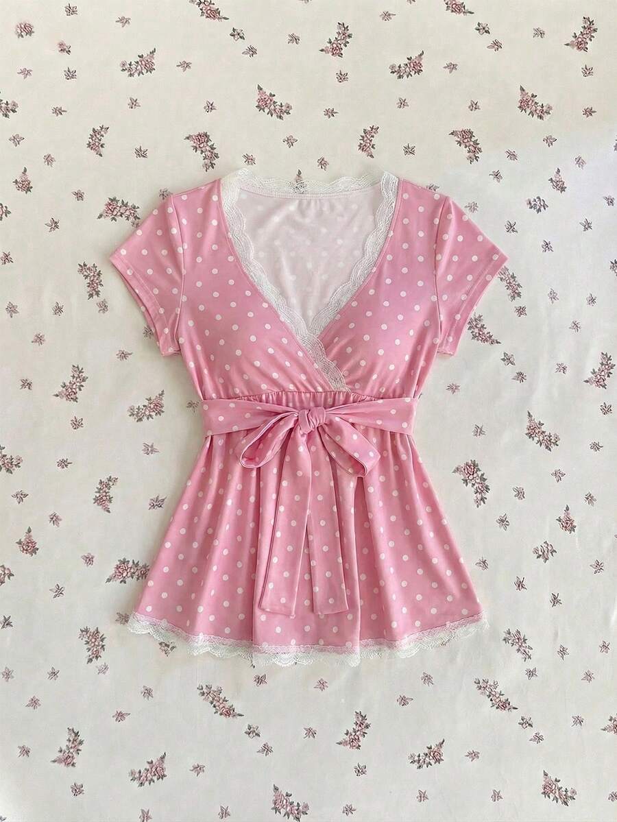 Elamini Camiseta de mujer con cuello en V, de encaje romántico francés blanco y parches, para primavera/verano - Rosa vieja - Ver 1
