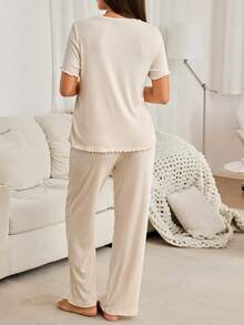 BloomMama Basic Casual Fashion Beige Jacquard Fabric Open Front Nursing Maternity Pajama Set - Beige - View 2