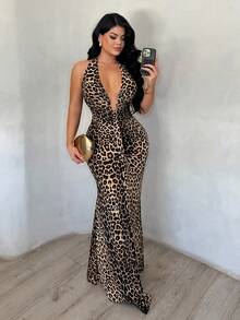 SHEIN SXY Vestido halter de cuello bajo con estampado de leopardo sexy - Multicolor - Ver 1