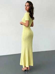 Rafferiza Đầm len nữ mùa xuân/hè dáng ôm vừa vặn, cổ tròn, tay ngắn, cài khuy nửa thân, vạt đuôi cá, màu mơ. - Vàng nhạt - Xem 2
