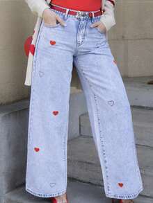 Elenary Edit Quần jeans ống rộng thêu hình trái tim thoải mái đi làm hàng ngày dành cho nữ - Màu xanh lam - Xem 6