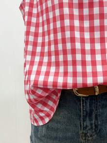 Linhara Plus Size V-Neck Ruched Plaid Blouse With Flare Sleeves, Summer - Red - View 4