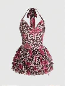 ROMWE Avant Vestido mini halter de talla grande con estampado floral y de leopardo retro del milenio Y2K, con dobladillo en capas, adecuado para vacaciones de primavera/verano - Rosa - Ver 1