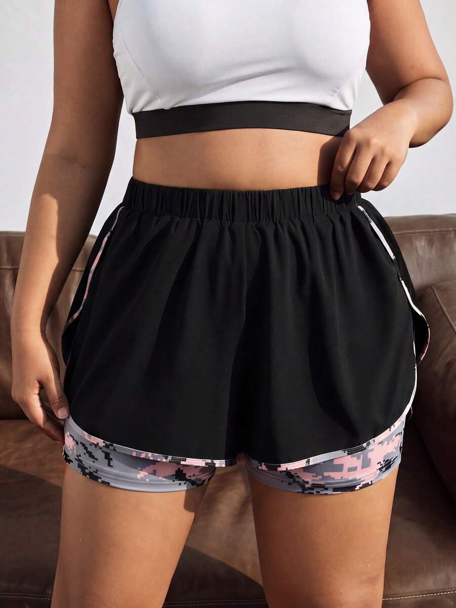 Maweii Short deportivo de 2 en 1 con estampado de camuflaje y short-sudadera talla grande - Negro - Ver 1