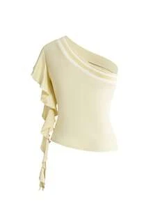 ROMWE Spring/Summer Women's Y2K Sexy Rhinestone Decor Asymmetric Hem Sleeveless Fitted Crop Top - Yellow - View 2