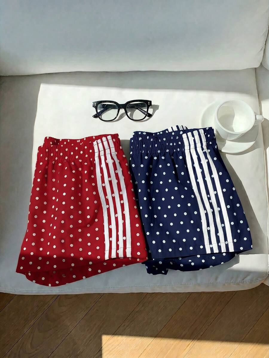 SHEIN EZwear 2条装女士夏季波点撞色腰带短裤，适合运动、度假、毕业季、世界杯比赛日等场合。 - 彩色 - 查看 1