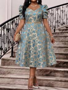 SHEIN Lady Plus Size Women Jacquard Fashion Date Party Dress, Suitable For Summer - Blue - View 3