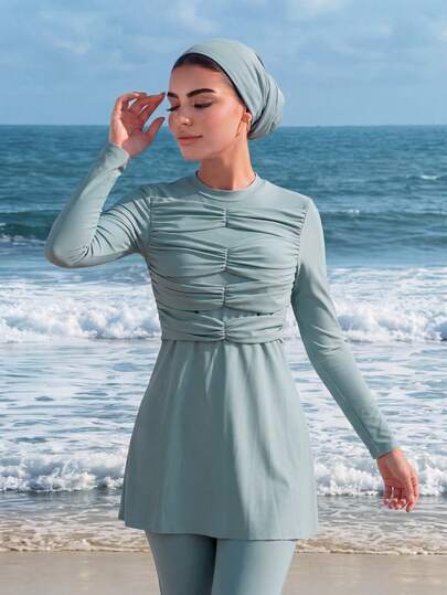 Veilorie بوركيني نسائي بلون واحد لعطلة الشاطئ