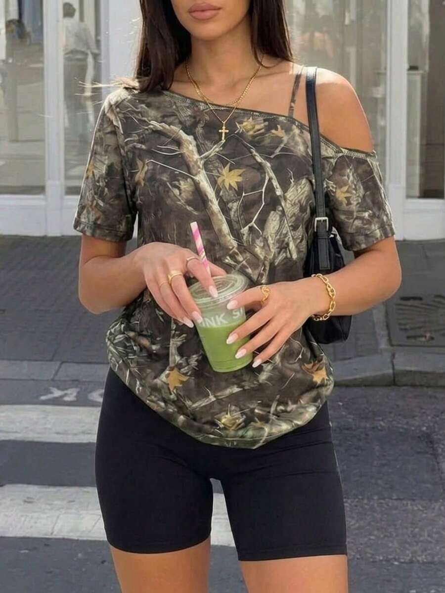 SHEIN HypeZone Women's Casual Botanical Print Asymmetrical Shoulder Versatile Daily & Sports T-Shirt - Multicolor - View 1