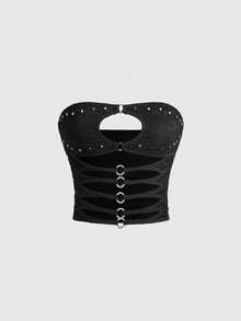 ROMWE Grunge Punk Punk Metal Buckle Design Hollow Out Lace Crop Top, Sexy & Tight Fitting - Black - View 1