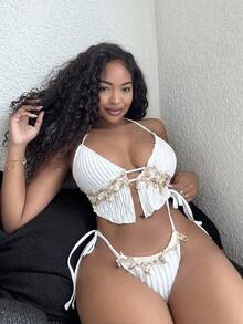 Alexandranx 女士两件套波浪条纹贝壳拼接系带比基尼套装，夏季 - 米色 - 查看 5