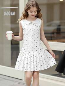 Girls' Retro Sweet Polka Dot Print Peter Pan Collar Sleeveless Pleated Dress, Suitable For Spring/Summer Daily Outing, Party, White - White - View 3