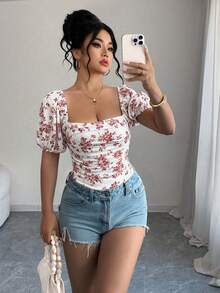 Elenzga Plus Size Women Elegant Square Neck Printed Top T-Shirt, Spring/Summer - White - View 1