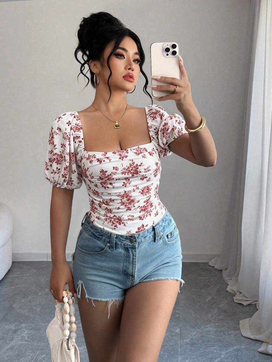 Elenzga Plus Size Women Elegant Square Neck Printed Top T-Shirt, Spring/Summer - White - View 1