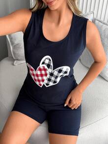 SHEIN 100%纯棉女士两件套睡衣套装，包括无袖心形格纹睡衣上衣和松紧腰宽松舒适纯色睡裤。 - 藏蓝色 - 查看 6