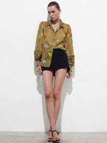 Aveloria Modichic Elegant Random Chiffon Contrast Color Floral Print Layered Ruffle Cuff Long Sleeve Blouse - Brown - View 3