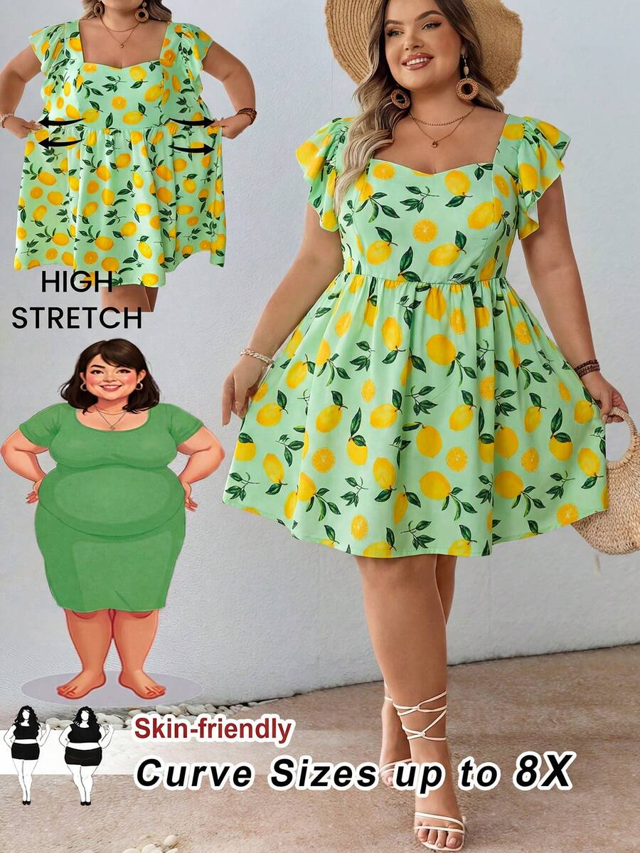 SHEIN CURVE+ 大码女式柠檬水果印花甜心领泡泡袖A字迷你连衣裙，夏季波西米亚风度假风 - 薄荷綠 - 查看 1