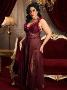 PinupPomp Maroon Mesh Plus Size Sleeveless Semi-Sheer Midi Nightgown With Ruffle Detailing Plus Size Nightgown Plus Size Lingerie Dress Plus Size Night Dress Plus Size Gown - Maroon - View 5