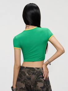 Rina Fox Women's Letter & Pentagram Print Round Neck Short Sleeve Casual T-Shirt - Green - View 7