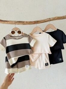 LMoss Kids Bộ 6 món cho bé trai, áo thun và quần short dệt kim màu trơn cổ tròn kẻ sọc, kiểu dáng thường ngày. - Nhiều màu - Xem 3